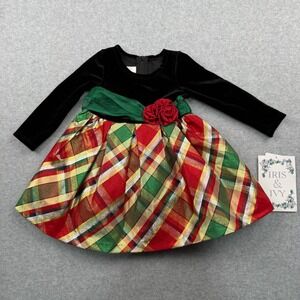 Iris & Ivy Dress Baby Girls 6 9 Months Red Plaid Velvet Christmas Long Sleeve